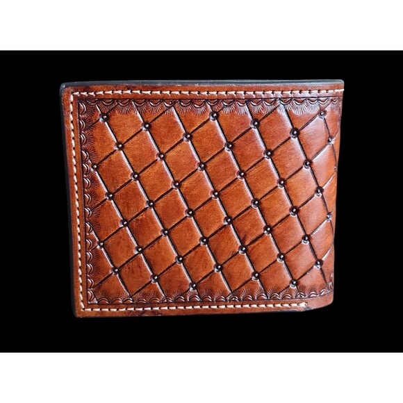 Western Chestnut Leather Bi-fold Wallet Floral FeatersTooled Basket Weave - Picture 4 of 9